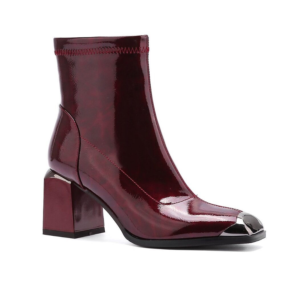 Stylish Modern Womens Burgundy Pointy Ankle Block Metal Heel Boots